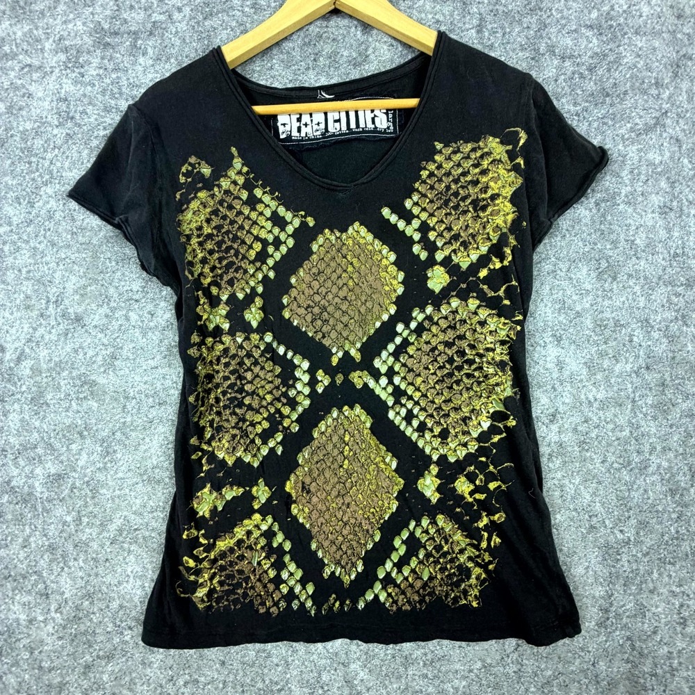 Dead Cities T-Shirt Womens Large Black Snake Skin Print Grunge Cap Sleeve V-Neck